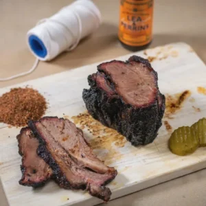 Juicy brisket slices on wooden board