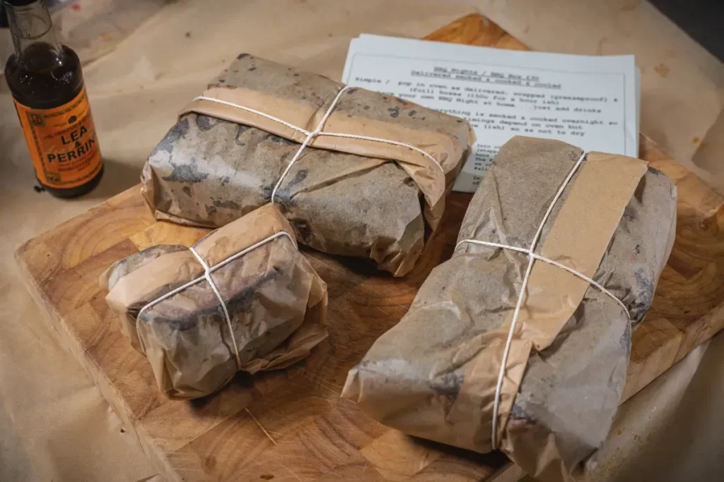 Bottled sauce next to wrapped parcels