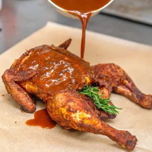 Grilled chicken with rich sauce being poured over it.