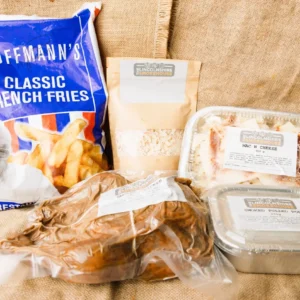 Taster Box 2 - 'Chicken Dinner'. Whole Smoked Chicken, Naked Dog (Smoked Sausages), Koffmann Fries, Mac N Cheese and Homemade Coleslaw