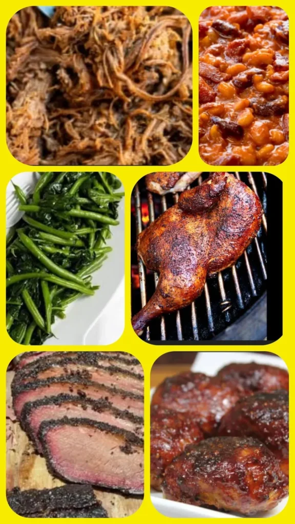 A collage of grilled and cooked meat dishes with green vegetables.
