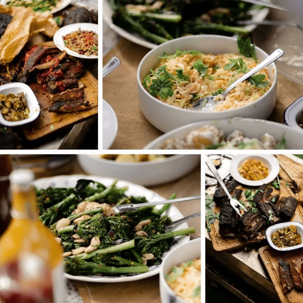 Assorted dishes featuring grilled meats and fresh green vegetables.