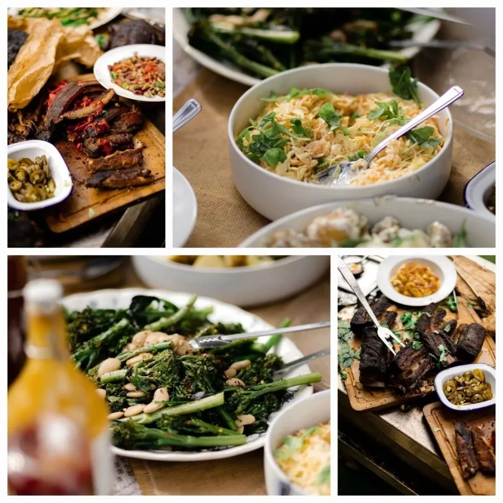 A delicious spread of grilled meats, green beans, and rice dishes.